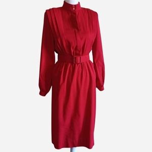 Vintage Rockabilly Pin-Up Red Midi Dress, Pleated Button Up Chest & Belt XS/S